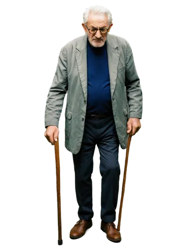 Fragile old man, elderly, thin, wrinkled skin, white hair, bushy eyebrows, spectacles, worn-out clothing, wooden cane, leaning forward, standing, nostalgic expression, warm lighting, soft focus, shall