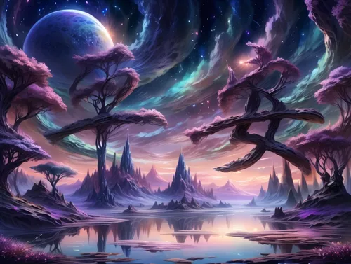 fantasy landscape,fantasy picture,fairy world,mushroom landscape,alien world,fairy galaxy,fantasy art,alien planet,fantasia,planet alien sky,fairy forest,3d fantasy,dream world,fantasy world,forest of dreams,purple landscape,elven forest,pillars of creation,star winds,magic tree