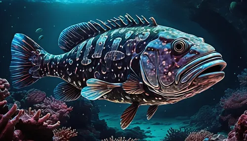 coelacanth,deep sea fish,rhino fish,cichlid,blue stripe fish,porcupine fishes,lion fish,lionfish,underwater fish,coral reef fish,deep sea nautilus,pallet surgeonfish,parrotfish,triggerfish-clown,marine fish,miniatus grouper,scorpionfish,grouper,pterois,striped burrfish,Conceptual Art,Sci-Fi,Sci-Fi 13