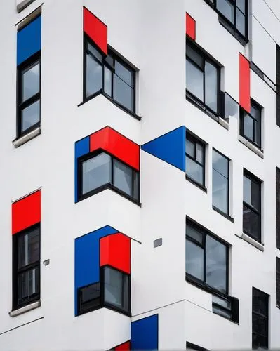 De Stijl architecture, modernist, geometric, clean lines, rectangular forms, primary colors, white walls, black windows, red and blue accents, urban landscape, cityscape, Amsterdam, Netherlands, cloud