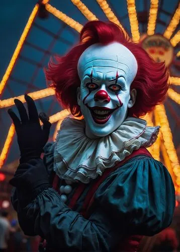 Pennywise, clown, laughing, sinister grin, pale skin, white face paint, red nose, colorful wig, oversized sleeves, ruffled collar, black gloves, eerie atmosphere, abandoned carnival, old Ferris wheel,