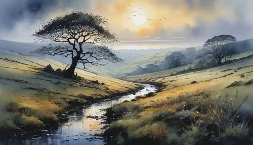 brook landscape,river landscape,autumn landscape,fantasy landscape,watercolor tree,moorland,lone tree,rural landscape,meadow landscape,nature landscape,landscape background,small landscape,edale,nidderdale,peak district,moorlands,coville,dartmoor,foggy landscape,landscape nature,Illustration,Paper based,Paper Based 07