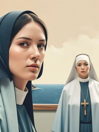 Some European nuns immersed in prayer,two women wearing blue and white are standing beside each other,novitiate,nuns,monjas,postulants,nunsense,postulant,Illustration,Vector,Vector 03