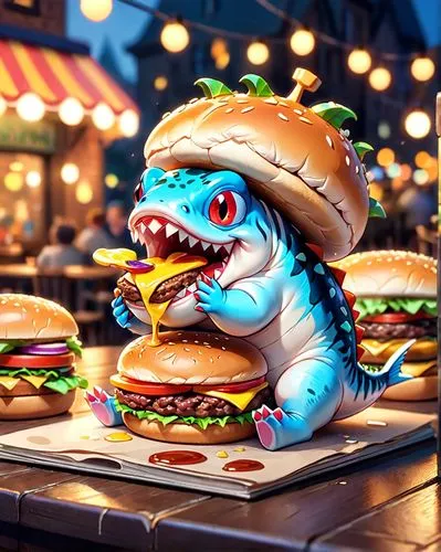 A cute, cartoon-like Piranha is sitting and eating a big Hamburger. Sticker,gator burger,stitch,burgermeister,gluttons,burster,burgers,chomper,borger,hamburgers,burguer,burger,newburger,gunzburger,gri