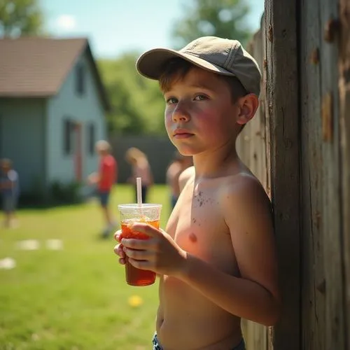 holding cup,farmboy,photographing children,jaxon,drinking glass summer,water balloon,Photography,General,Realistic