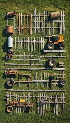 Rural landscape, traditional farmhouse, wooden fence, rolling hills, green pastures, scattered trees, wildflowers blooming, farm equipment, tractors, haystacks, agricultural tools, rusty metal gates, 