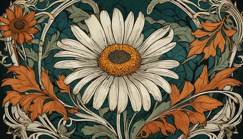 wood daisy background,art nouveau design,sunflower lace background,vintage flowers,marguerite daisy,flannel flower,floral ornament,chrysanthemum background,flowers png,vintage floral,floral composition,shasta daisy,perennial daisy,gazania,floral digital background,oxeye daisy,orange floral paper,african daisies,vintage botanical,ox-eye daisy,Illustration,Retro,Retro 13