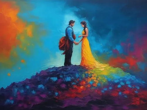 oil painting on canvas,dubbeldam,colorful background,art painting,oil painting,young couple,romantic scene,jianfeng,jagannathan,dmitriev,chalk drawing,the festival of colors,oil on canvas,mostovoy,aivazovsky,rahimov,matrimonio,pittura,background colorful,loving couple sunrise,Illustration,Realistic Fantasy,Realistic Fantasy 25