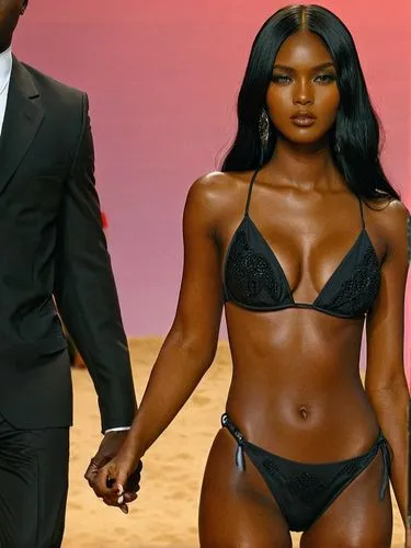 Sexy black-haired bikini model and a bodyguard at her side.,a person walking down the runway wearing a bikini,black models,angolan,melanin,ebony,colorism,gabbana,Photography,Fashion Photography,Fashio