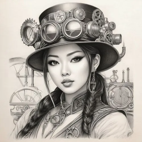 steampunk,mongolian girl,qianwen,bingqian,xianwen,xiaohua,Illustration,Black and White,Black and White 30