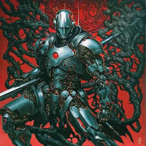 Cyborg Warrir,knight armor,cyborg,iron,armored,mecha,shredder,knight,war machine,armor,steel man,crusader,excalibur,steel,armour,paladin,templar,megatron,amano,doctor doom,terminator,Illustration,Japa