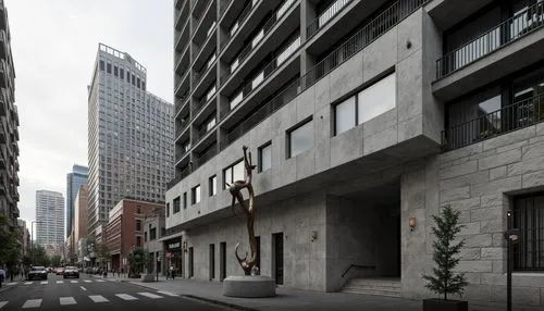 Rugged brutalist facade, exposed concrete textures, raw steel beams, industrial pipes, minimalist ornamentation, geometric grid patterns, bold cantilevered volumes, dramatic shadows, high-contrast lig