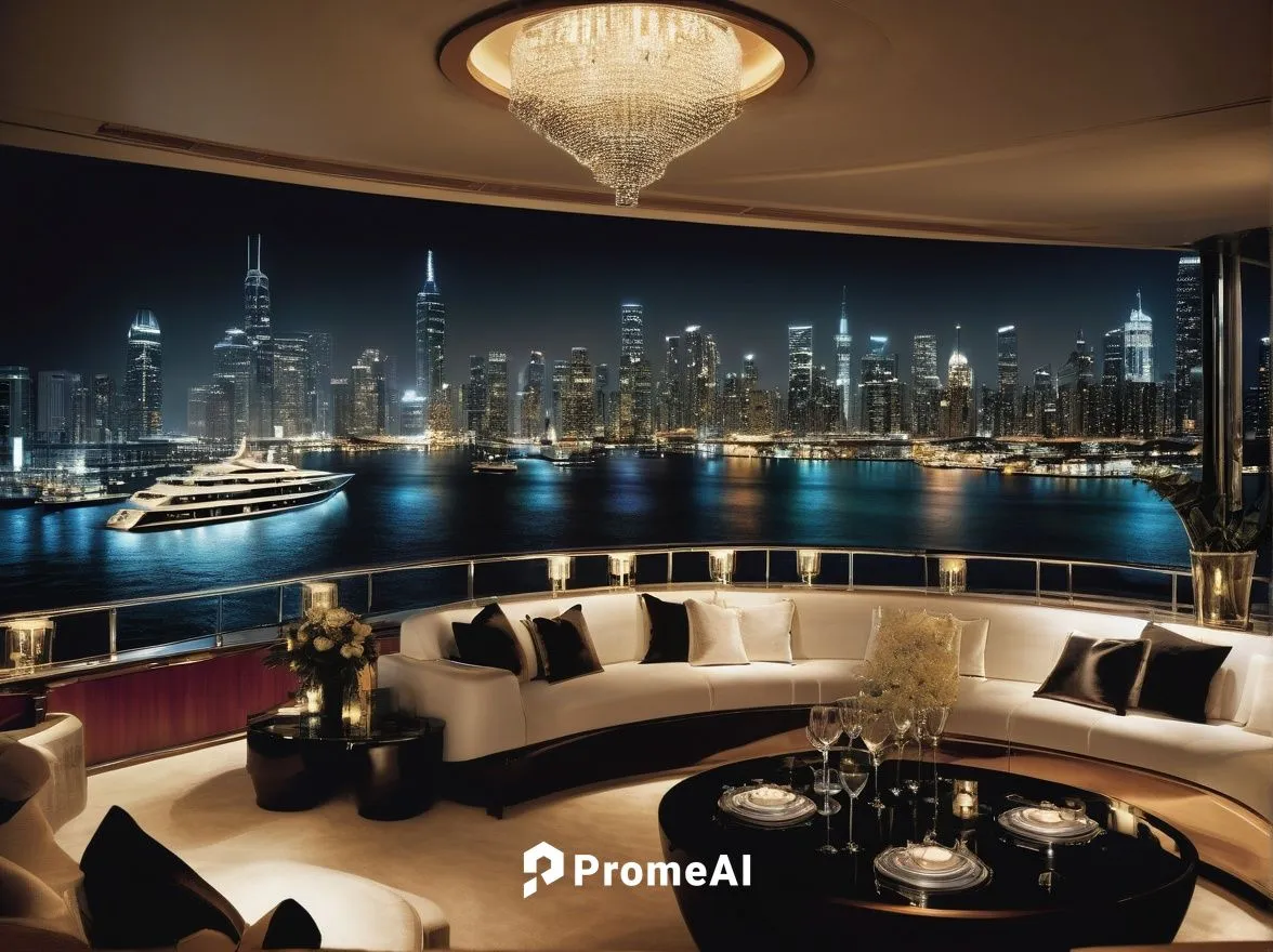 Luxury yacht, architectural landmarks, cityscape, nighttime, bright lights reflecting off water, sleek modern design, glass windows, steel frame, VIP lounge area, champagne glasses, luxurious fabrics,