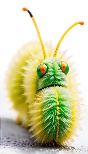 Fuzzy caterpillar, bright green body, yellow stripes, tiny legs, antenna, macro shot, extreme close-up, shallow depth of field, soft natural light, warm color tone, 1/2 composition, detailed texture, 