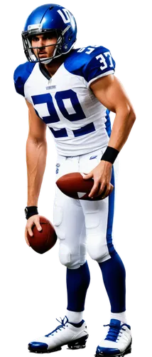 American football player, muscular man, athletic build, white jersey, blue pants, black helmet, shiny pads, firm grip on ball, strong legs, determined facial expression, stadium background, afternoon 