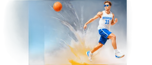 Young muscular man, basketball player, dynamic pose, athletic body, sweaty face, determined expression, messy short hair, sporty sunglasses, white jersey, blue shorts, sneakers, basketball in hand, ju