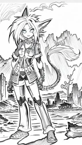 saikrajang,mono-line line art,cat warrior,wind warrior,adventurer,musashi,Design Sketch,Design Sketch,Hand-drawn Line Art