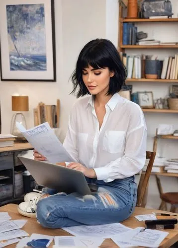 Online digest, modern woman, 25yo, short black hair, minimal makeup, white casual shirt, high-waisted dark blue jeans, sneakers, sitting, laptop on lap, coffee cup beside, messy desk with papers and n