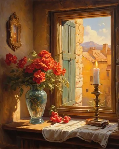 Oil painting, romantic style, warm color palette, soft brushstrokes, detailed textures, still life composition, ornate gold frame, hanging on a rustic stone wall, dimly lit, cozy atmosphere, afternoon