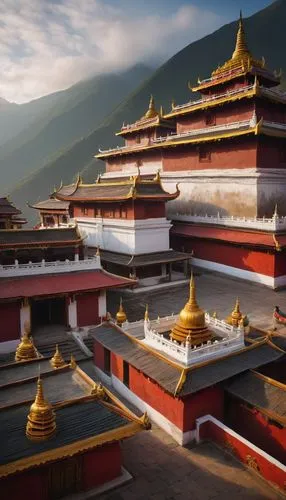 Buddhist temple, Tibetan-style, vibrant colors, intricate carvings, golden roofs, red walls, white stupas, prayer flags, incense burners, lanterns, lotus flowers, Bodhisattva statues, peaceful courtya