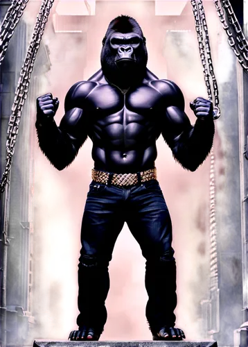 Mono gorilla, standing, muscular body, thick fur, aggressive facial expression, sharp teeth, powerful arms, clenched fists, ripped black jeans, silver chain necklace, urban background, low-angle shot,