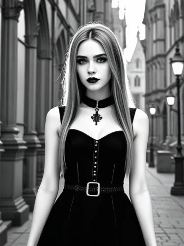 An ultra detailed, a beautiful goth girl with long straight hair in a short black dress is walking through a gothic city, moonlight, gothic fashion, dark fantasy style, hyper realistic, realism, digit