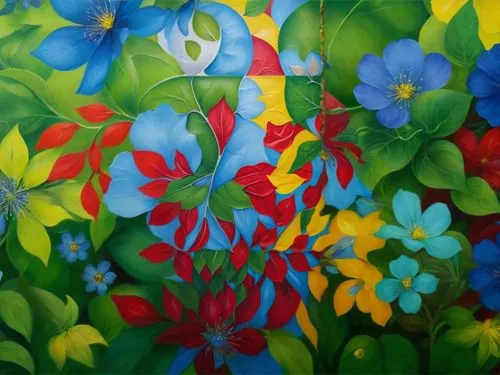 flower painting,nasturtiums,cloves schwindl inge,carol colman,majorelle blue,dayflower,blue flowers,blue daisies,floral composition,nasturtium,fabric painting,oil painting on canvas,blue petals,fallin