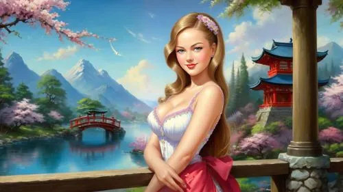 Romantic masterpiece oil painting, cute shrine maiden girl portrait, nostalgic 1950's style kitsch, beautiful exotic Japanese landscape, cherry blossom park scenery, Japanese sakura, flower petals, by