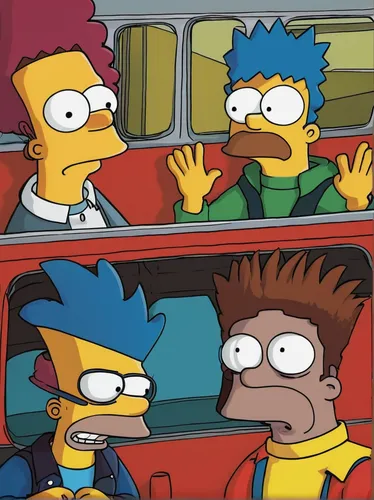 Compose a humorous dialogue between two friends discussing their BART experiences.,bart,homer simpsons,homer,steamed,flanders,drive-in,loss,backseat,clones,car window,driving school,driving,simson,cro