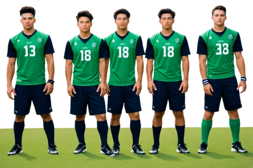 11 players, football team, standing in a line, athletic build, various facial expressions, different hair styles, sporty clothing, football jerseys, shorts, shin guards, cleats, confident postures, dy