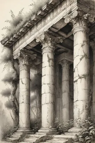 Ancient Greek architecture, temple, Doric columns, intricate carvings, ornate details, stone structure, worn weathered texture, overgrown with vines and moss, atmospheric perspective, subtle mist effe