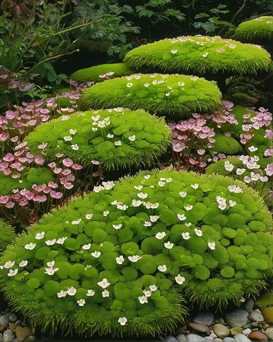 Describe the delicate beauty of moss saxifrage in a serene garden.,moss saxifrage,saxifragales,japanese garden ornament,japanese anemones,ground cover,japan garden,saxifraga arendsi,ferns,ostrich fern