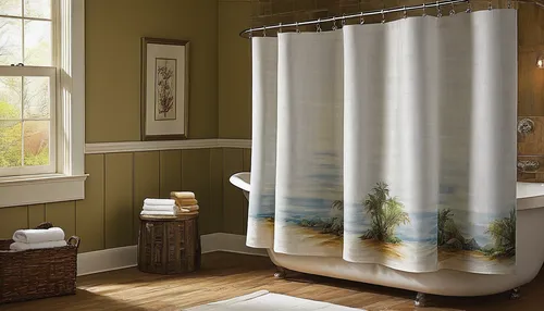 shower curtain,bamboo curtain,bathtub accessory,window curtain,window treatment,a curtain,window valance,room divider,bathroom tissue,luxury bathroom,bathroom accessory,window covering,shower bar,whirlpool pattern,curtain,laundry room,bathtub,water mist,shower base,mosquito net,Illustration,Realistic Fantasy,Realistic Fantasy 32