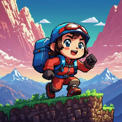 mountain guide,adventurer,meteora,hiker,adventure game,game illustration,explorer,mountain world,pixel art,mountain rescue,mountain climber,mountain paraglider,adventure,traveler,mountain hiking,the spirit of the mountains,game art,growth icon,action-adventure game,adventure sports,Illustration,Japanese style,Japanese Style 09