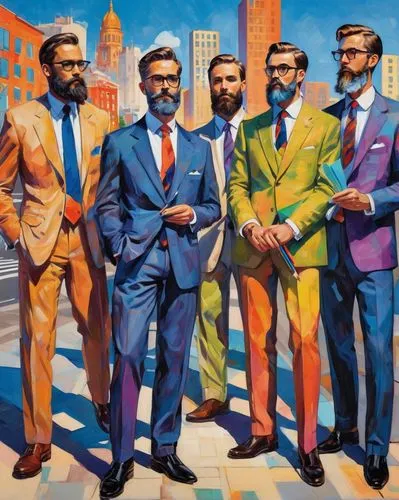 Masters of architecture, group of professionals, standing, casual pose, confident facial expressions, varied hairstyles, glasses, beards, suits, ties, white shirts, black trousers, leather shoes, hold