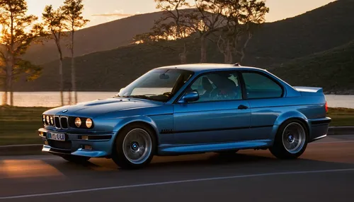 Write a romantic scene where a couple drives off into the sunset in a BMW M3. Describe the feeling of freedom and adventure.,bmw 3 series (e30),bmw 3 series (e36),bmw 2002tii,bmw 3 series (e21),bmw 32