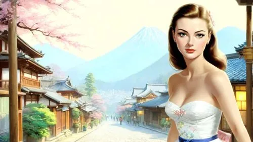 dark saturated colors, Romantic masterpiece oil painting, beautiful girl dainty girdle dress portrait, nostalgic 1950's style kitsch, traditional Japanese shinto town, Kyoto streets, cozy familiar sce