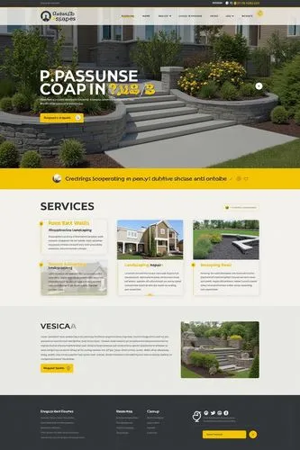 Create a modern, minimalist web UI/UX design for a landscaping company called Great Yard eScapes. The design should use a gray and yellow color palette. The homepage features a clean, structured layou