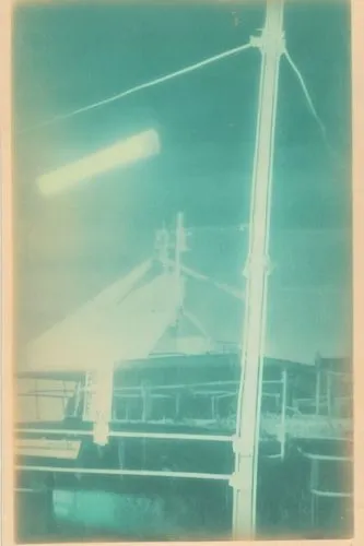 Color the drawing in post-apocalyptic, cyberpunk, vaporwave style,vintage po of an empty boat dock,pinhole,pictorialism,matruschka,cyanotype,ruscha,light leak paper,Photography,Documentary Photography