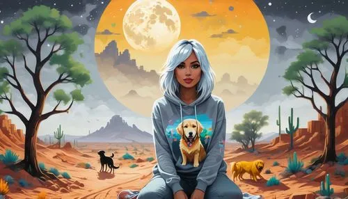 sci fiction illustration,aleu,girl with dog,fantasy picture,altiplano,desert background,world digital painting,argan tree,dog illustration,howling wolf,fantasy art,zodiac sign libra,welin,wolf couple,game illustration,argan,wolves,wolpaw,valley of the moon,two wolves,Conceptual Art,Graffiti Art,Graffiti Art 07