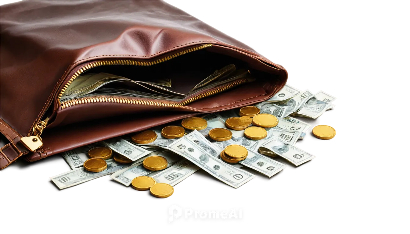 Leather bag, overflowing with cash, golden zipper, brown strap, crumpled bills, shiny coins, scattered on floor, realistic texture, detailed wrinkles, morning light, 3/4 composition, shallow depth of 