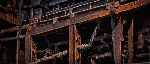 industrial-style architectural element, metallic knee brace, rusty steel, intricate mechanical details, bolts and screws, worn-out patina, old factory setting, abandoned warehouse, dim lighting, drama