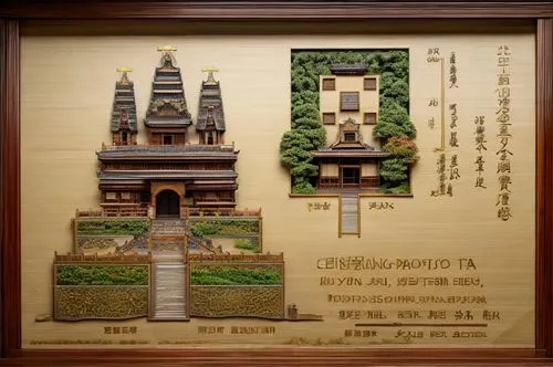 japanese shrine,wooden signboard,botanical square frame,bamboo frame,botanical frame,decorative frame,miniature house,wood frame,shrine,wooden frame,paper frame,studio ghibli,wooden mockup,shinto shrine,frame border illustration,rokuon-ji,framed paper,asian architecture,ginkaku-ji,chinese screen,Architecture,Villa Residence,Japanese Traditional,Uji