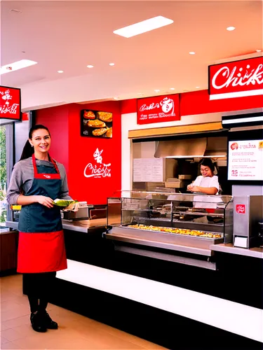 Fast food restaurant, Chick-fil-A logo, red and white colors, modern building design, glass windows, sliding doors, bright lighting, indoor seating area, tables and chairs, food counter, menu board, f