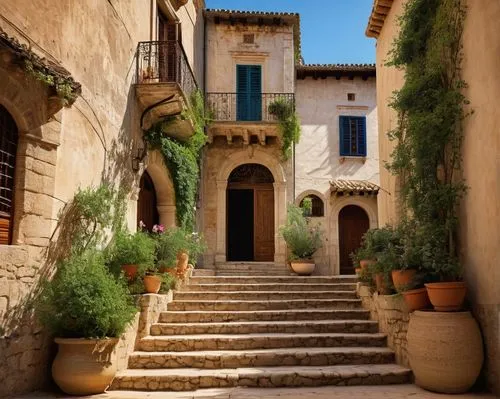 Mallorcan architecture, ancient stone buildings, rustic, Mediterranean style, intricately carved wooden doors, ornate ironwork, terracotta rooftops, whitewashed walls, curved arches, narrow cobbleston