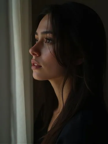 Crying woman in profile. Tears flowing heavily. Black clothes.,a woman is staring out the window,pensively,sazan,half profile,pensive,kaliopi,nolwenn,Photography,Documentary Photography,Documentary Ph