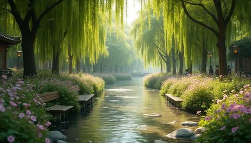 Riverbank design, harmony with nature, serene atmosphere, lush greenery, vibrant wildflowers, weeping willows, gentle breeze, calm river water, soft ripples, wooden benches, natural stone pathways, ru