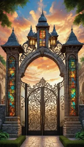 Fantasy, medieval-inspired hutteball arena, Oremus architecture style, grand stone structure, intricately carved wooden beams, vibrant colored glass windows, majestic entrance gates, ornate iron fence