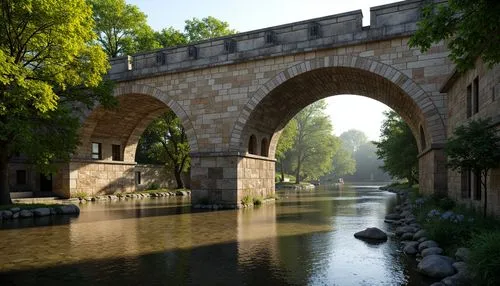 Rustic stone bridges, medieval architecture, semicircular arches, sturdy piers, ornate capitals, voussoirs, ribbed vaults, pointed arches, barrel vaults, granite stonework, weathered texture, moss-cov