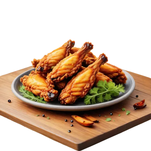 Crispy fried chicken wings, golden brown, saucy, steam rising, appetizing aroma, close-up shot, shallow depth of field, warm lighting, rustic wooden table, scattered parsley, realistic texture, detail